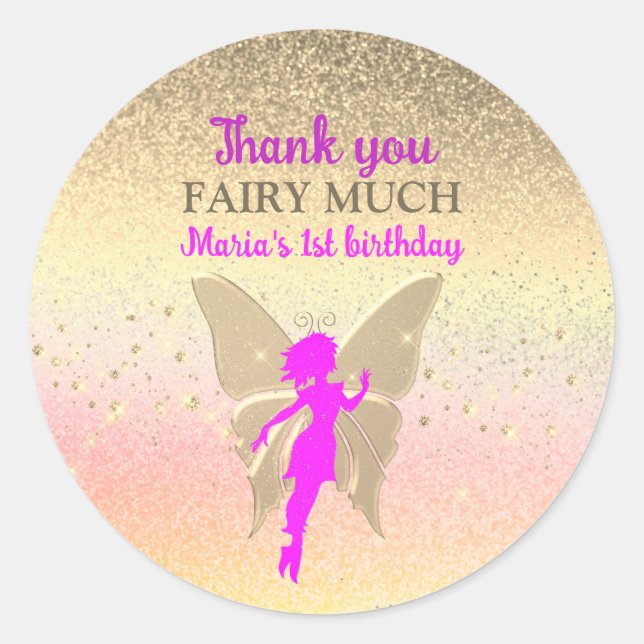 Sticker Rond Fée rose 1er anniversaire Merci (Devant)
