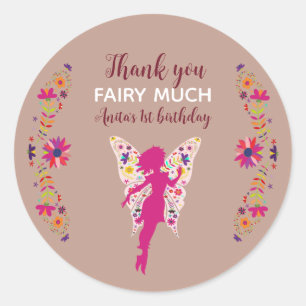 Sticker Rond Fée Rose 1er Anniversaire Merci Rond Classique
