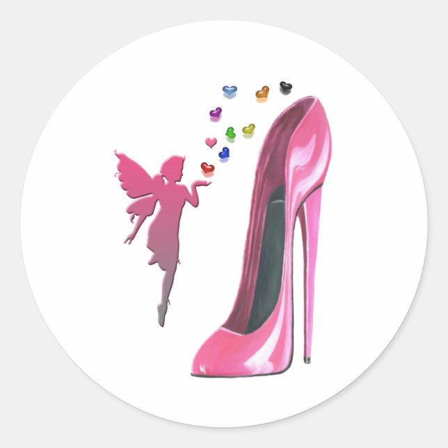 Sticker Rond Fée rose et Stiletto Chaussure Art (Devant)