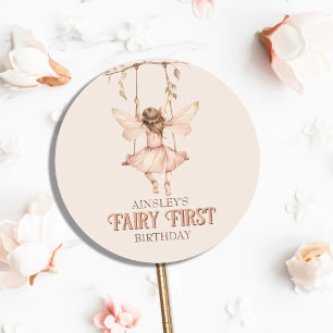 Sticker Rond Fée rose pâle personnalisée Premier 1er anniversai