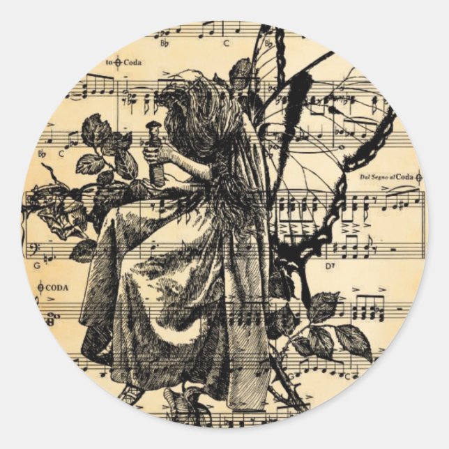 Sticker Rond Fée vintage et musique (Devant)