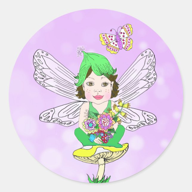 Sticker Rond Fée Whimsical Little Elf, champignons et papillon (Devant)