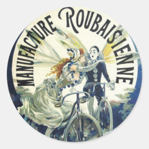 Sticker Rond Fées Art Nouveau vintage, Lune à Vélo Pierrot