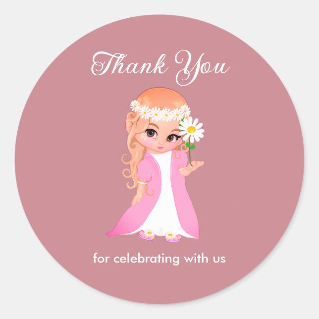 Sticker Rond Fées et fleurs sur Merci d'or Rose (Devant)