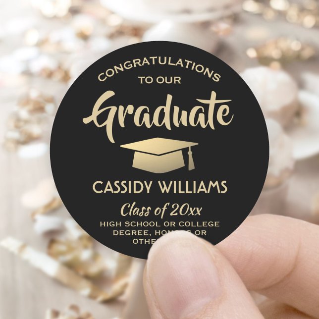 Sticker Rond Félicitations Black and Gold Modern Graduation (Créateur téléchargé)