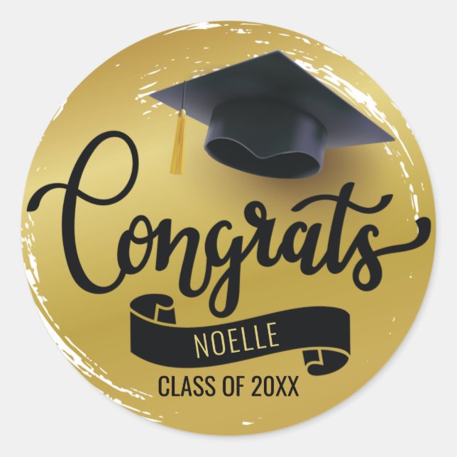 Sticker Rond Félicitations, Casquette noire, Nom, Gold (Devant)