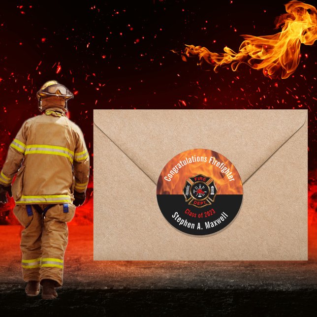 Sticker Rond Félicitations Classe Flames de pompiers | Nom (Créateur téléchargé)
