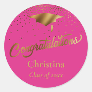 Sticker Rond Félicitations Diplômé, Classe d'or sur rose