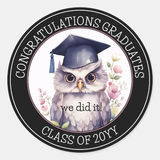 Sticker Rond Félicitations Diplômée Cute Graduation Owl (Devant)