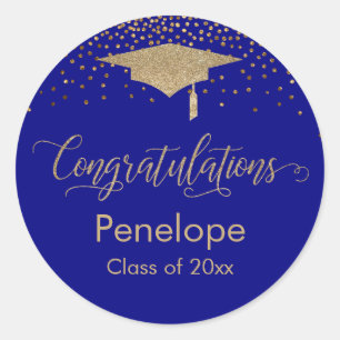 Sticker Rond Félicitations Gold Confetti Graduation Blue