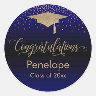 Sticker Rond Félicitations Gold Confetti Graduation Blue