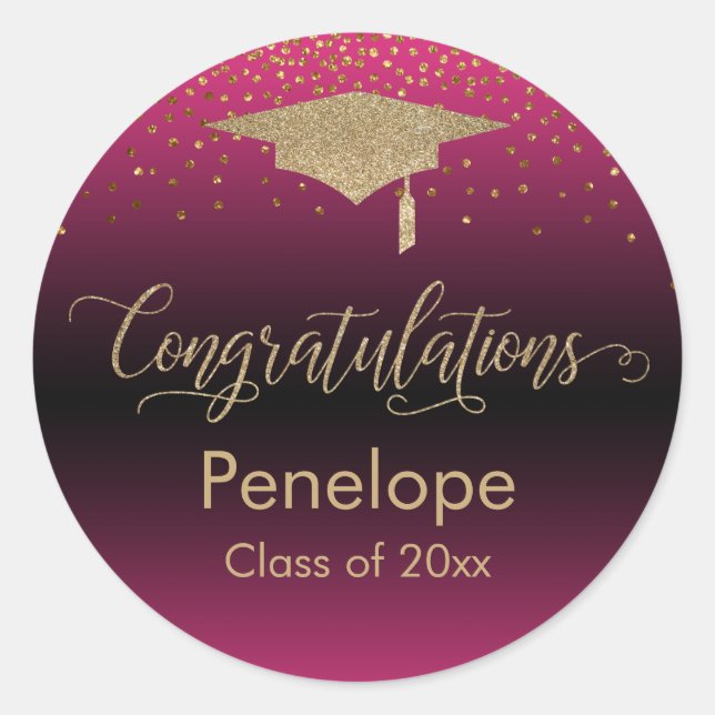 Sticker Rond Félicitations Gold Confetti Graduation Hot Pink (Devant)