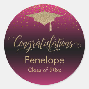 Sticker Rond Félicitations Gold Confetti Graduation Hot Pink