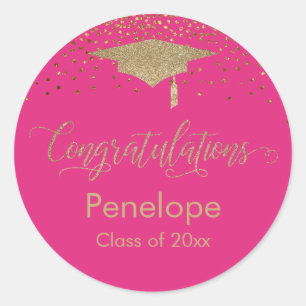 Sticker Rond Félicitations Gold Confetti Graduation Hot Pink