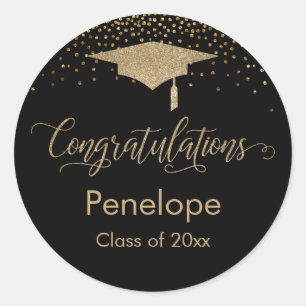 Sticker Rond Félicitations Gold Confetti Graduation Noir