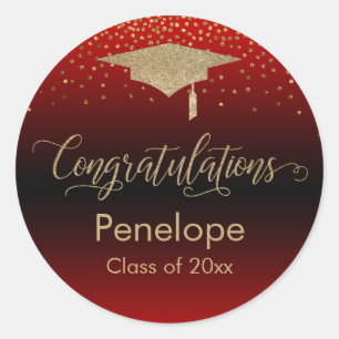 Sticker Rond Félicitations Gold Confetti Graduation Red
