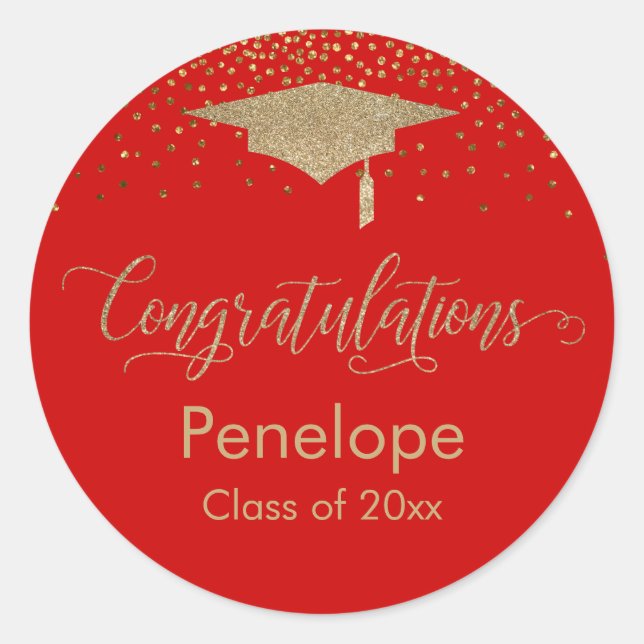 Sticker Rond Félicitations Gold Confetti Graduation Rouge (Devant)