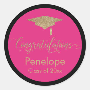 Sticker Rond Félicitations Gold Graduation Cap Hot Pink