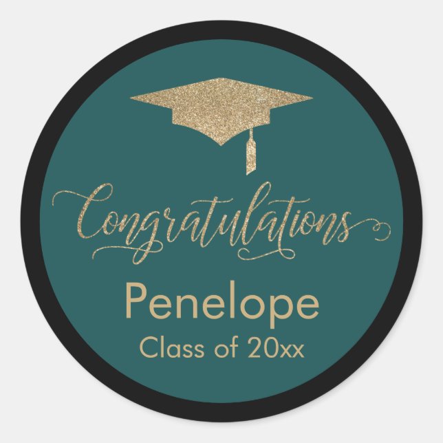 Sticker Rond Félicitations Gold Graduation Cap Turquoise (Devant)