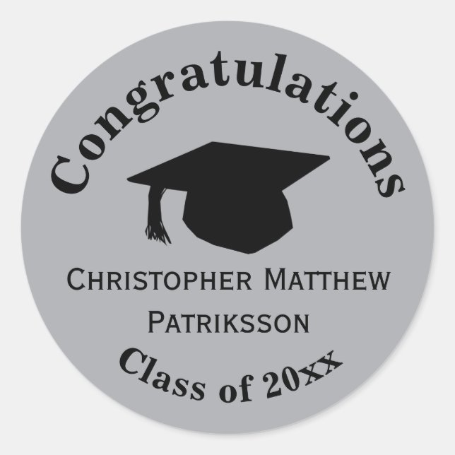 Sticker Rond Félicitations, Graduation Classe 20xx, Argent (Devant)