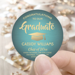 Sticker Rond Félicitations Turquoise et Gold Trendy Graduation