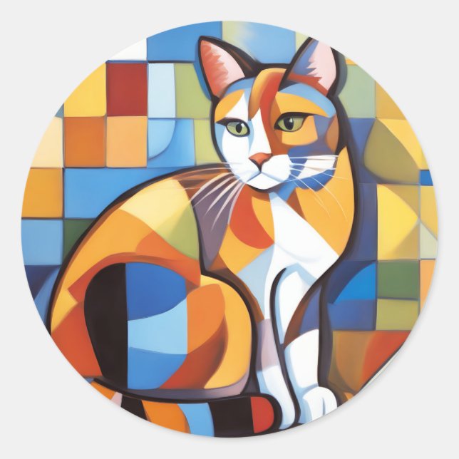 Sticker Rond Feline Abstraite Beauté Calico Cat Cubist (Devant)