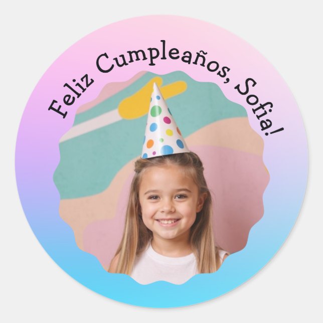 Sticker Rond Feliz Cumpleaños Con Foto Colorido Personalizado (Devant)