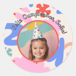 Sticker Rond Feliz Cumpleaños Con Foto Colorido Personalizado