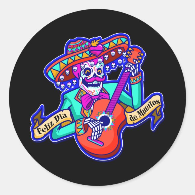 Sticker Rond Feliz Dia De Muertos avec Squelette Jouer de la gu (Devant)