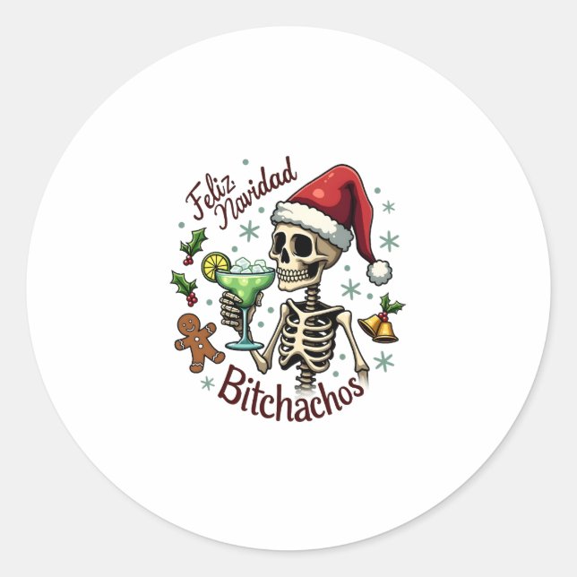 Sticker Rond Feliz Navidad Bitchachos Funny Skull Spanish Merry (Devant)