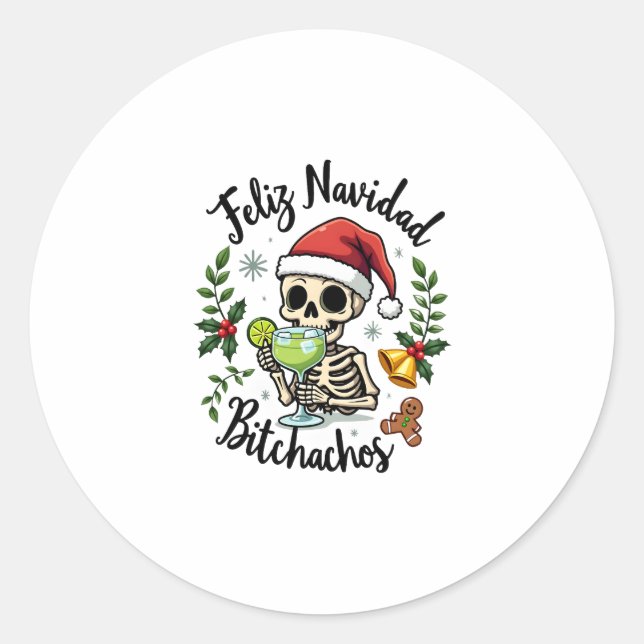 Sticker Rond Feliz Navidad Bitchachos Funny Skull Spanish Merry (Devant)