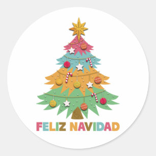 Sticker Rond Feliz Navidad Colorée Arbre de Noël espagnol