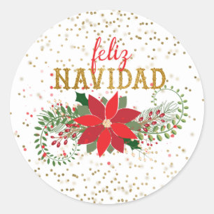 Sticker Rond Feliz Navidad Gold Parties scintillant Poinsettia