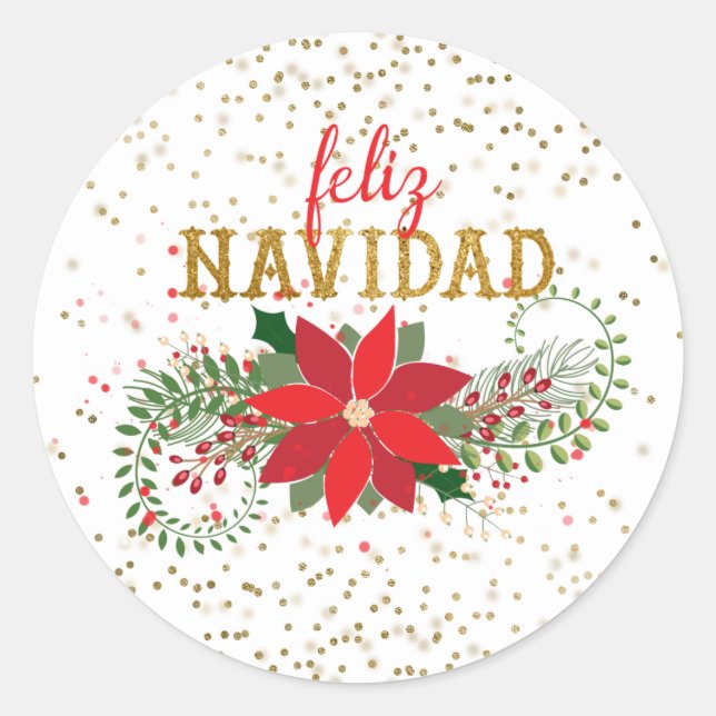 Sticker Rond Feliz Navidad Gold Parties scintillant Poinsettia (Devant)
