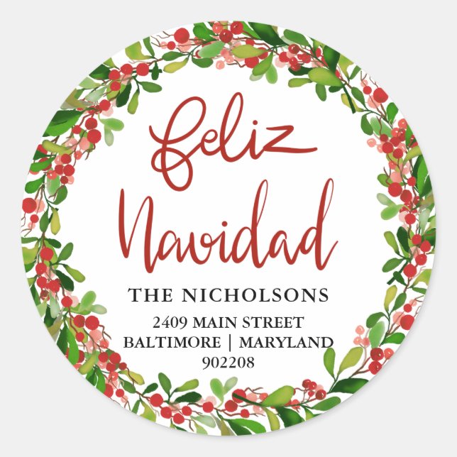 Sticker Rond Feliz Navidad Red Aquarelle Holly Wreath (Devant)