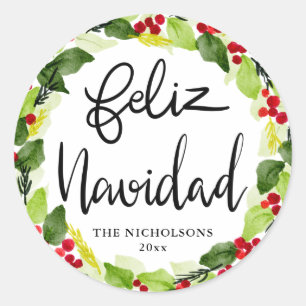Sticker Rond Feliz Navidad Script Red Berry Holly Wreath