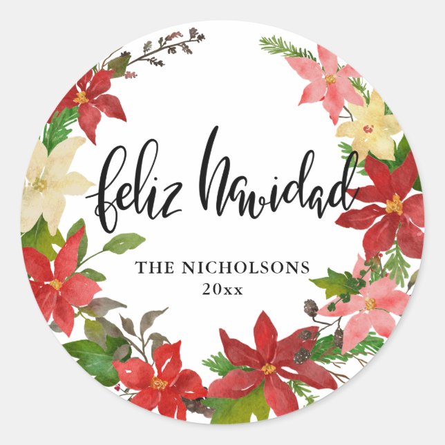 Sticker Rond Feliz Navidad Script Red Poinsettia Florale Wreath (Devant)