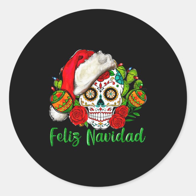 Sticker Rond Feliz Navidad Sugar Skull Mexican Christmas  (Devant)