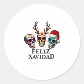 Sticker Rond Feliz Navidad Sugar Skulls Reindeer Santa Mexican 