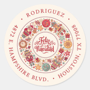 Sticker Rond Feliz Navidad Wreath USA Red Return Adresse Label