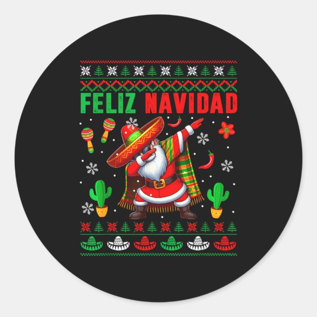 Sticker Rond Feliz Navidad Xmas Sweater Santa Sombrero Dabbing  (Devant)