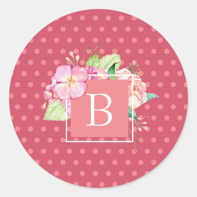 Sticker Rond Feminine Chic Monogramme initial Pink Dot Floral (Devant)
