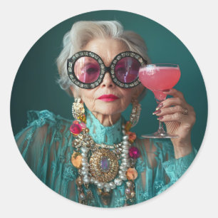 Sticker Rond Femme Âgée Glamour audacieuse mode de luxe