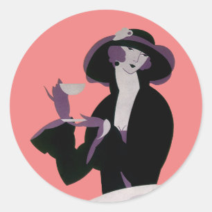Sticker Rond Femme Art Déco vintage, Thé d'après-midi et Cupcak