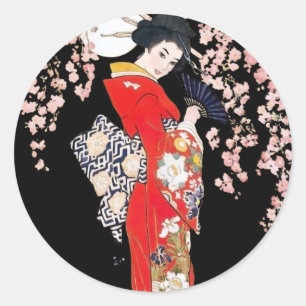 Sticker Rond Femme asiatique avec la nuit de fleurs de cerisier