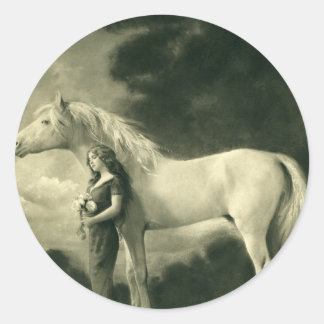 Sticker Rond Femme avec cheval blanc