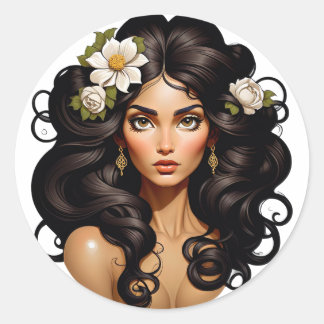 Sticker Rond Femme avec des fleurs dans les cheveux.
