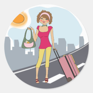 Sticker Rond Femme Avec Une Valise