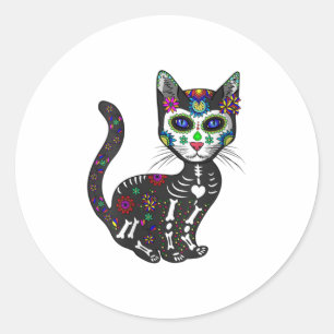 Sticker Rond Femme Craneo De Gato Sugar Crâne Chat Hallow