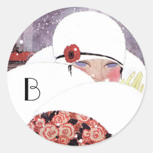 STICKER ROND FEMME DANS LA NEIGE, HIVER BEAUTY MODE MONOGRAM